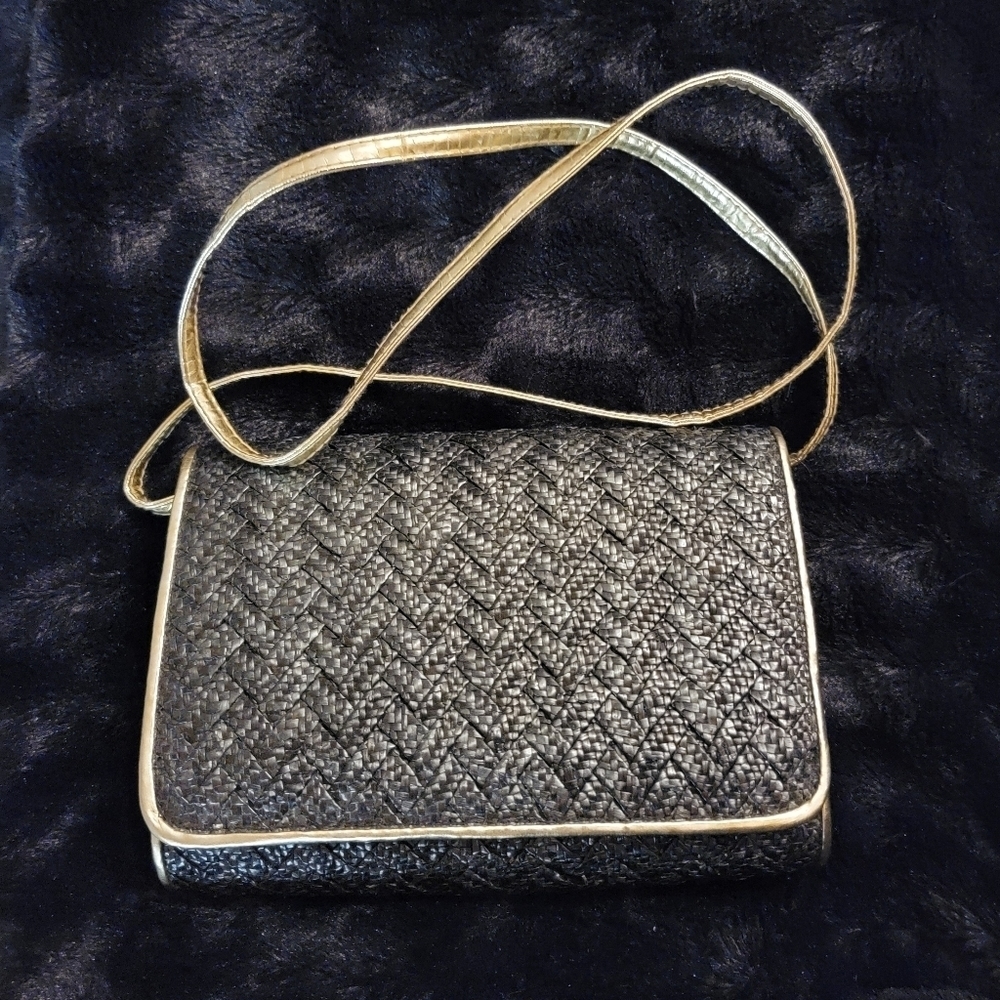 La REGALE Vintage Black Straw Purse with Gold Trim and Strap